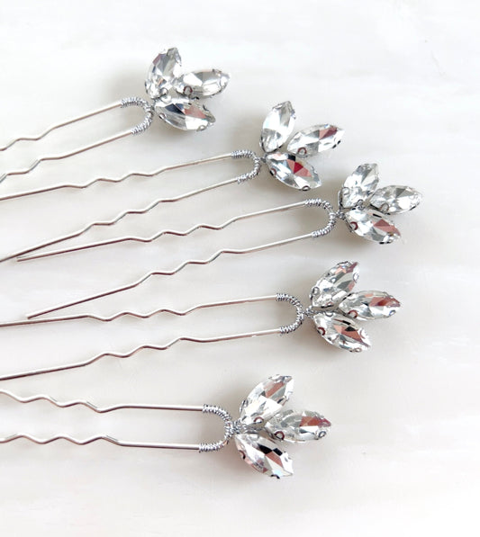 Silver hair pins with clear crystals