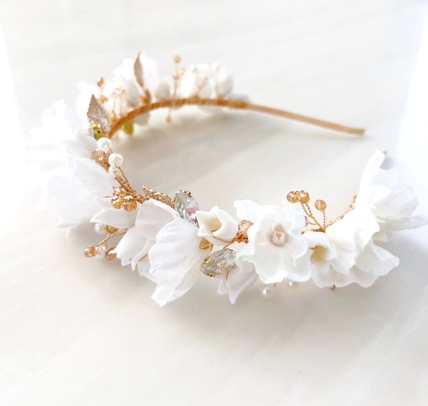 White and gold bridal flower crown