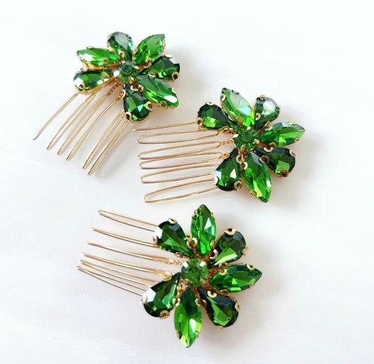 Set of three peridot green crystal hair combs