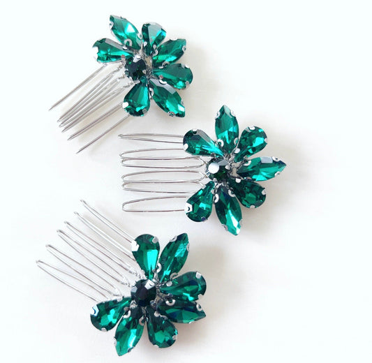 Set of three emerald green crystal hair combs