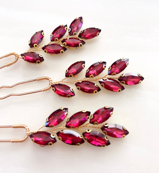 Wine red crystal hair pins