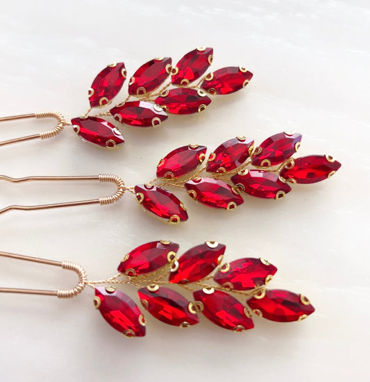 Vibrant red crystal hair pins