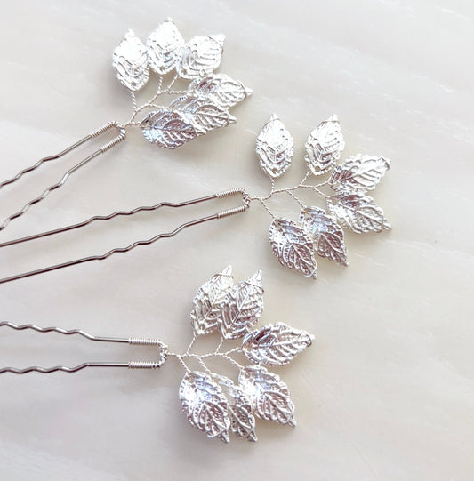 Silver leaf hair pins