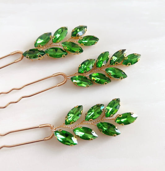 Vibrant green crystal hair pins