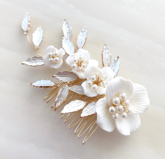 white flower bridal headpiece with pearls and crystals