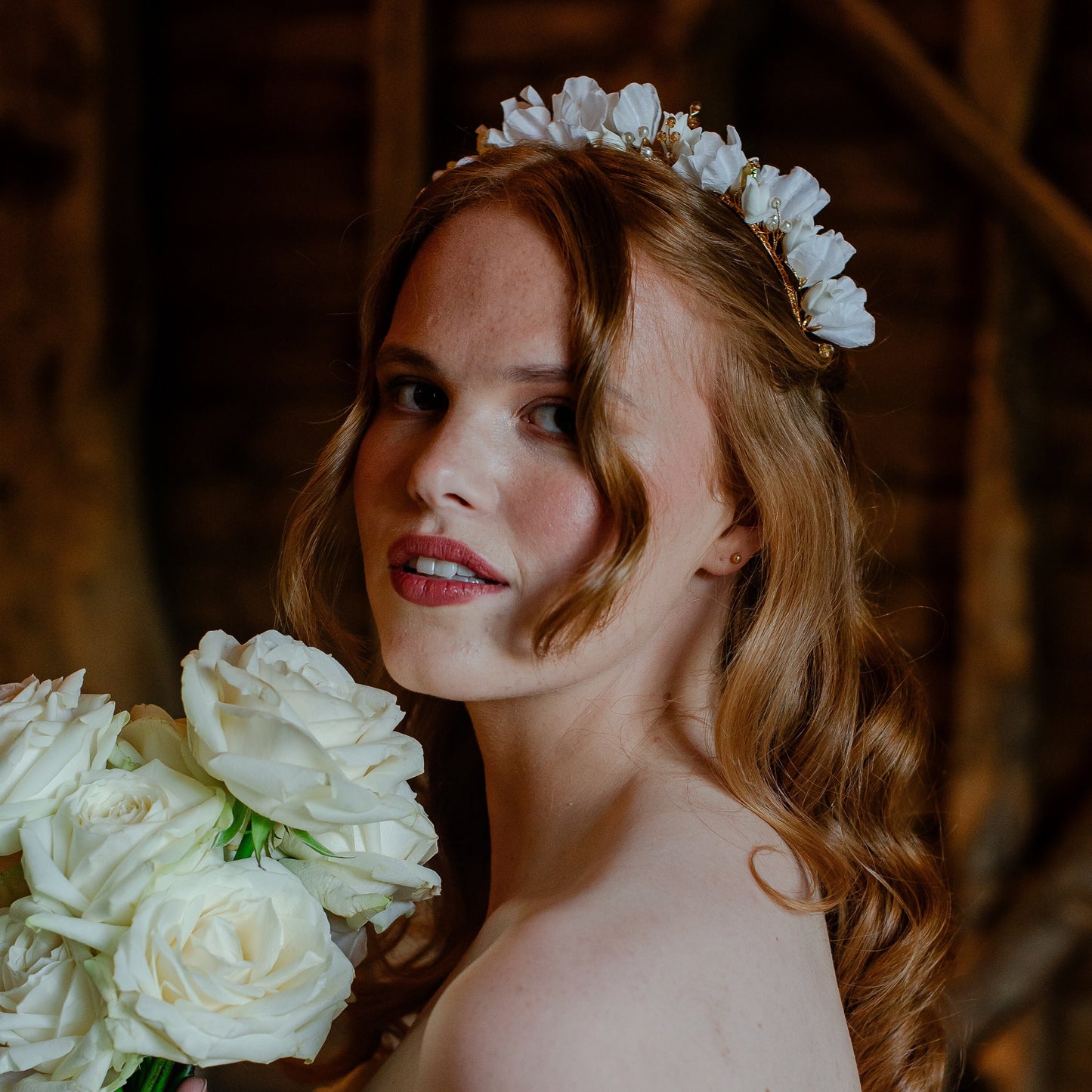 White and gold bridal flower crown