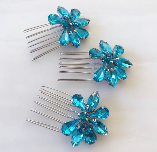 Set of three bright blue crystal hair combs