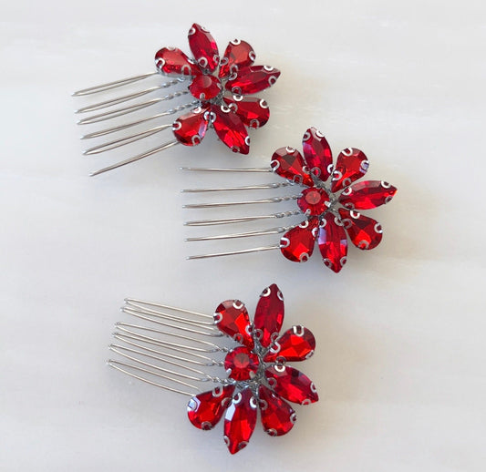 Set of three vibrant red crystal hair combs