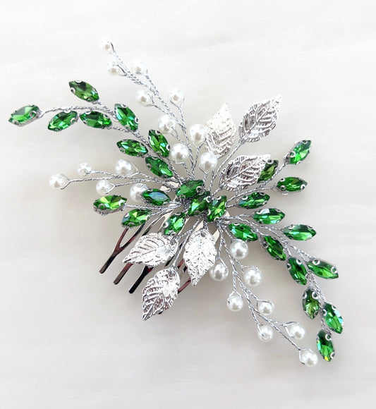 Silver leaf and green crystal and hair comb