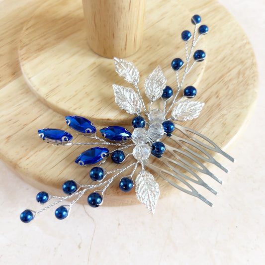 Silver leaf and royal blue crystal hair comb