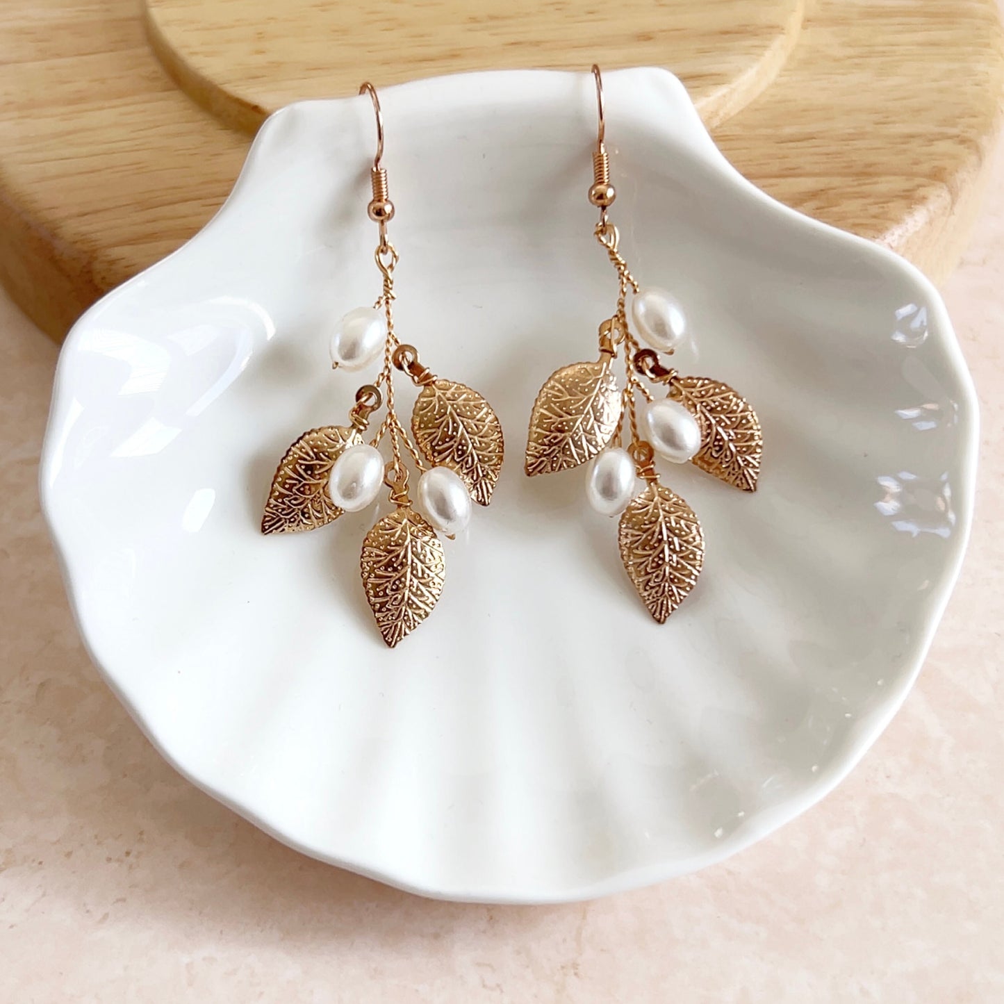 Gold leaf and Pearl bridal earrings