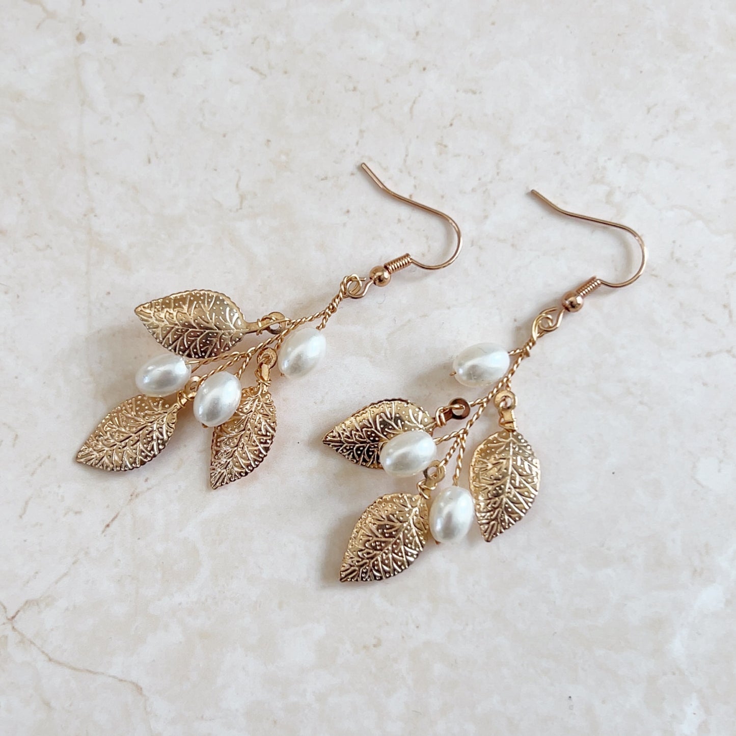 Gold leaf and Pearl bridal earrings