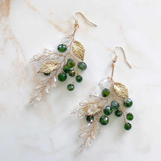 Green crystal and gold leaf earrings