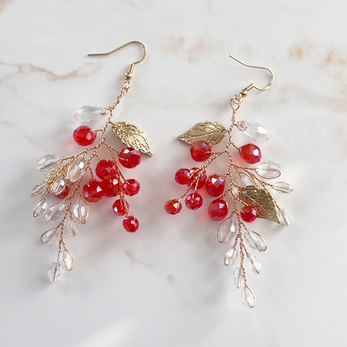 Red crystal and gold leaf earrings