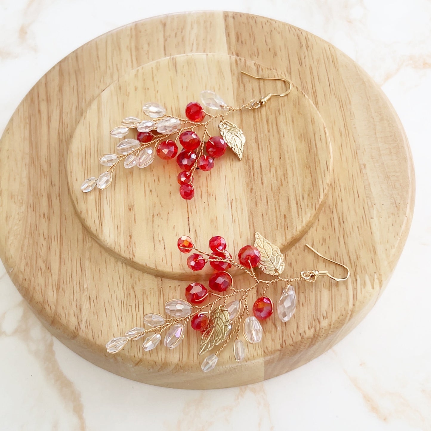 Red crystal and gold leaf earrings