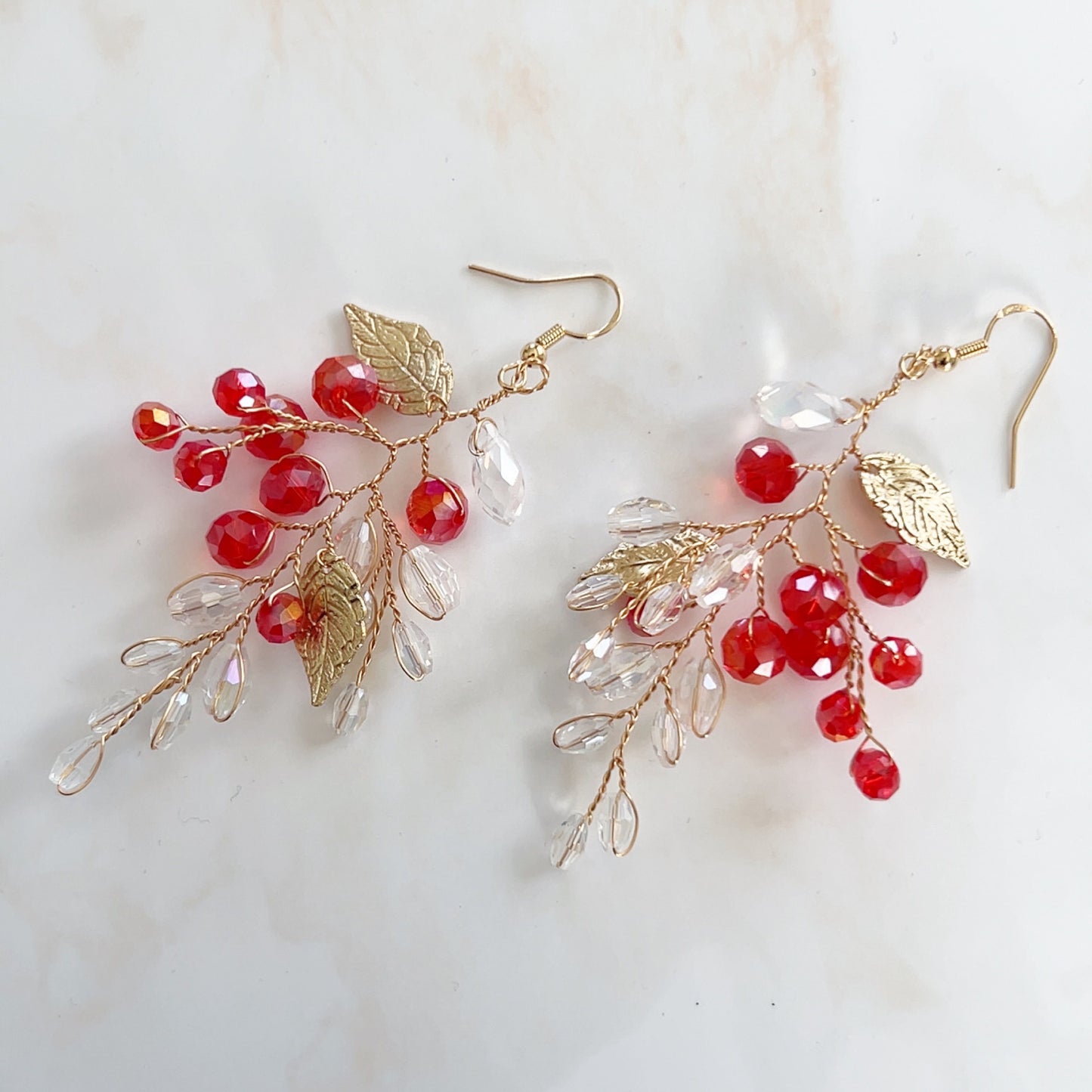 Red crystal and gold leaf earrings