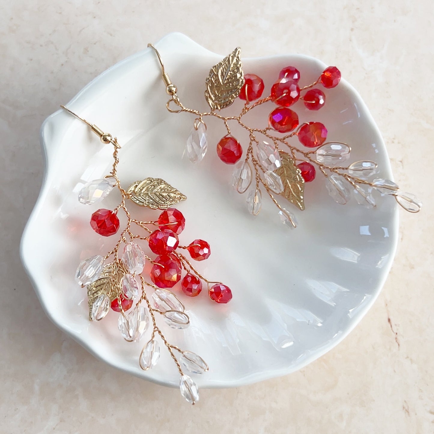 Red crystal and gold leaf earrings