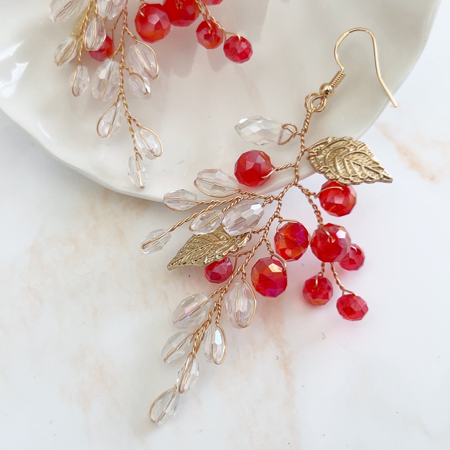 Red crystal and gold leaf earrings