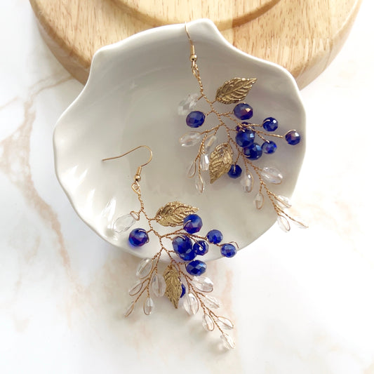 Royal blue crystal and gold leaf earrings