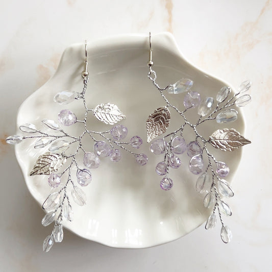 Lilac crystal and silver leaf earrings