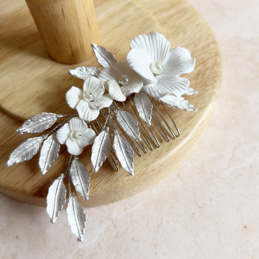 White and silver Bridal hair comb