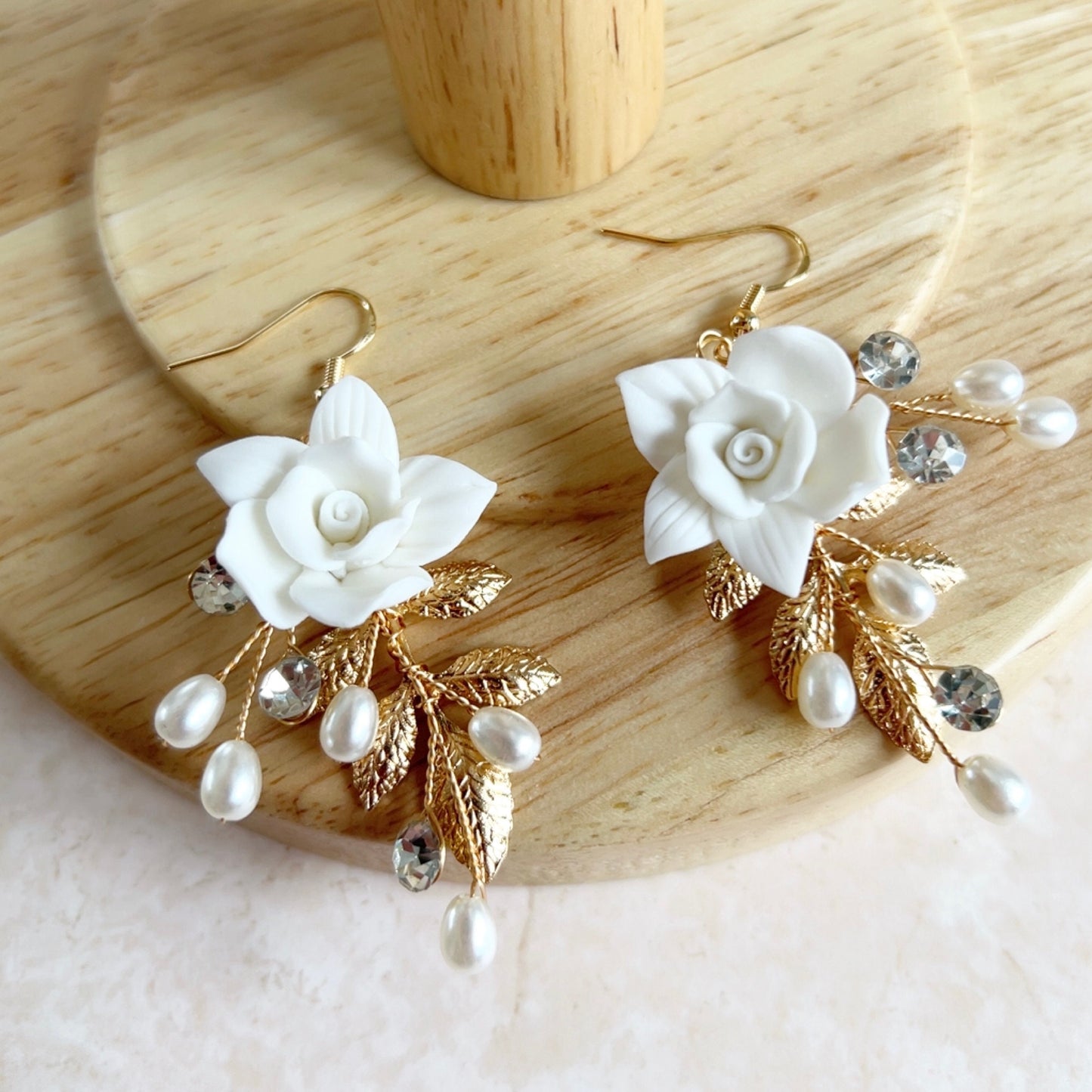 White flower and Gold leaf bridal earrings