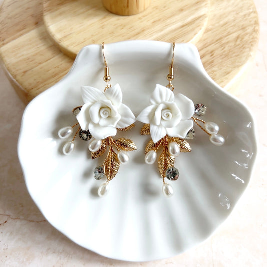 White flower and Gold leaf bridal earrings