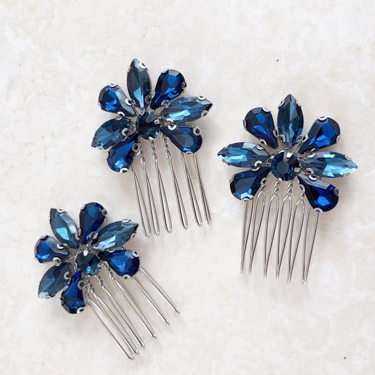 Set of three navy blue crystal hair combs