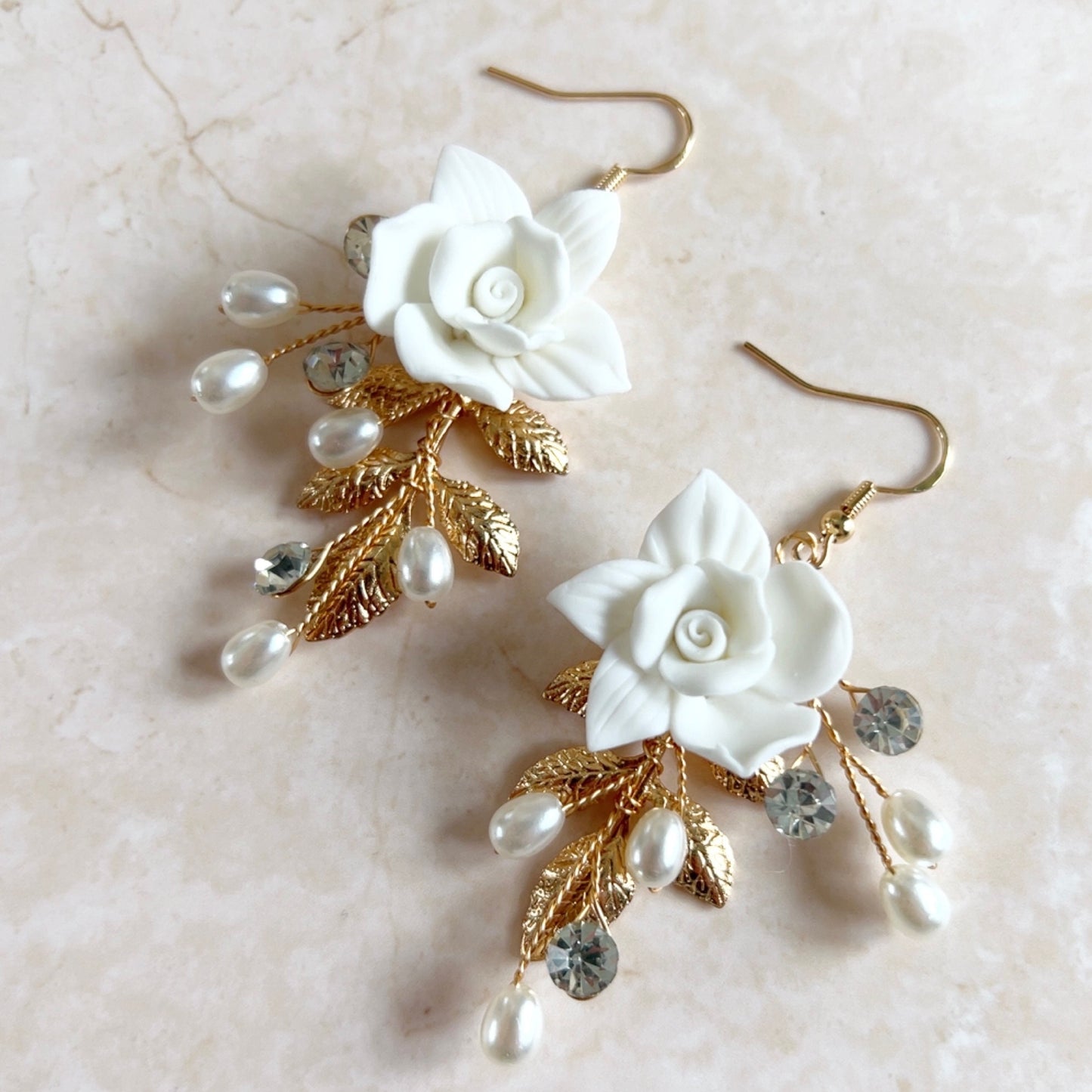 White flower and Gold leaf bridal earrings