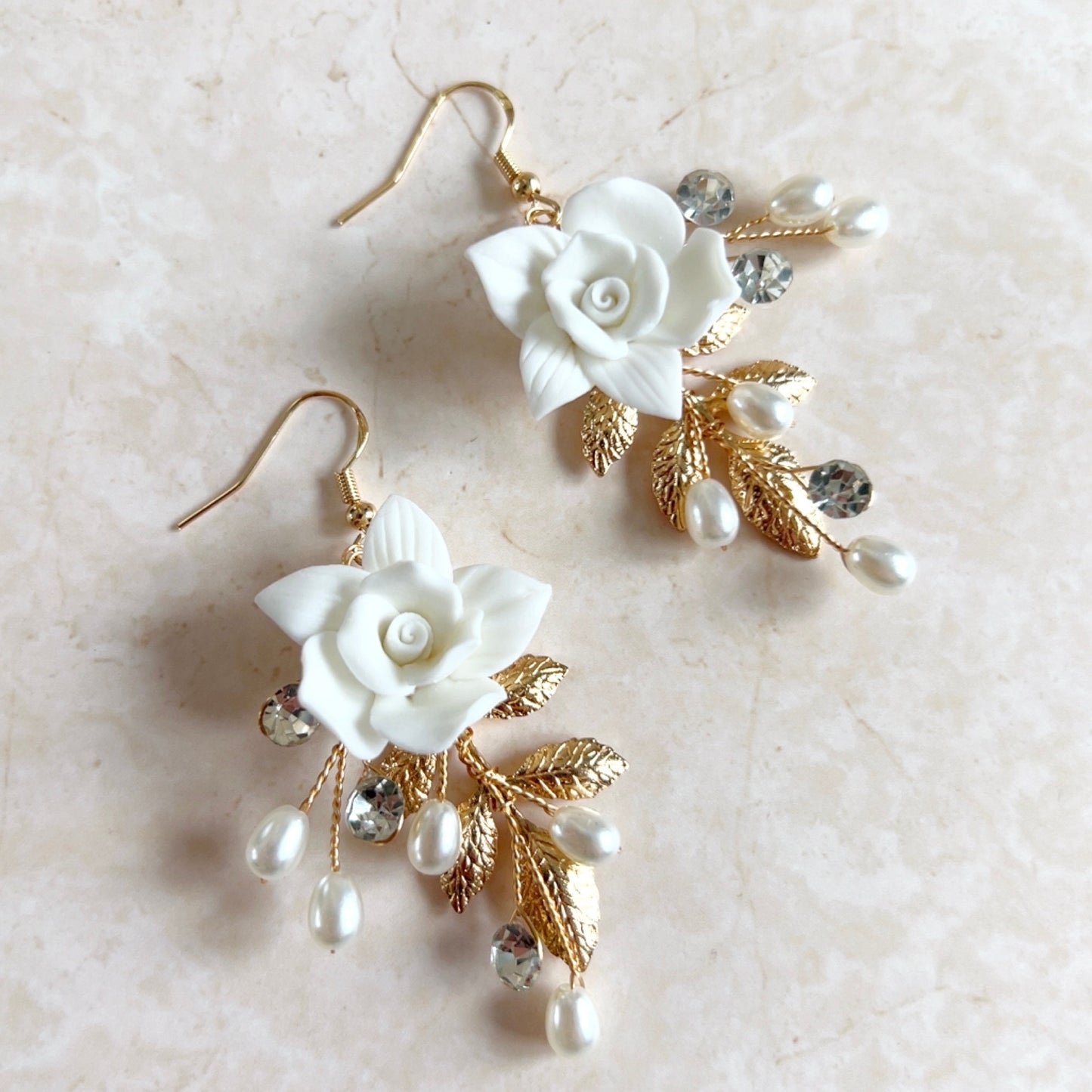 White flower and Gold leaf bridal earrings