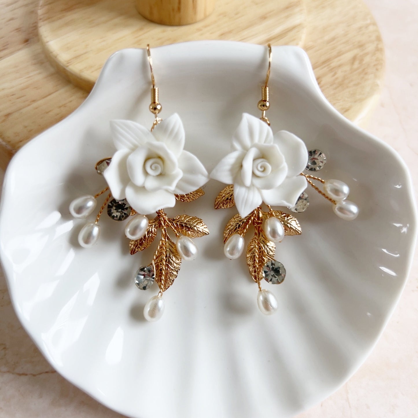 White flower and Gold leaf bridal earrings