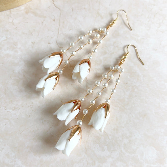 Long White flower bridal earrings