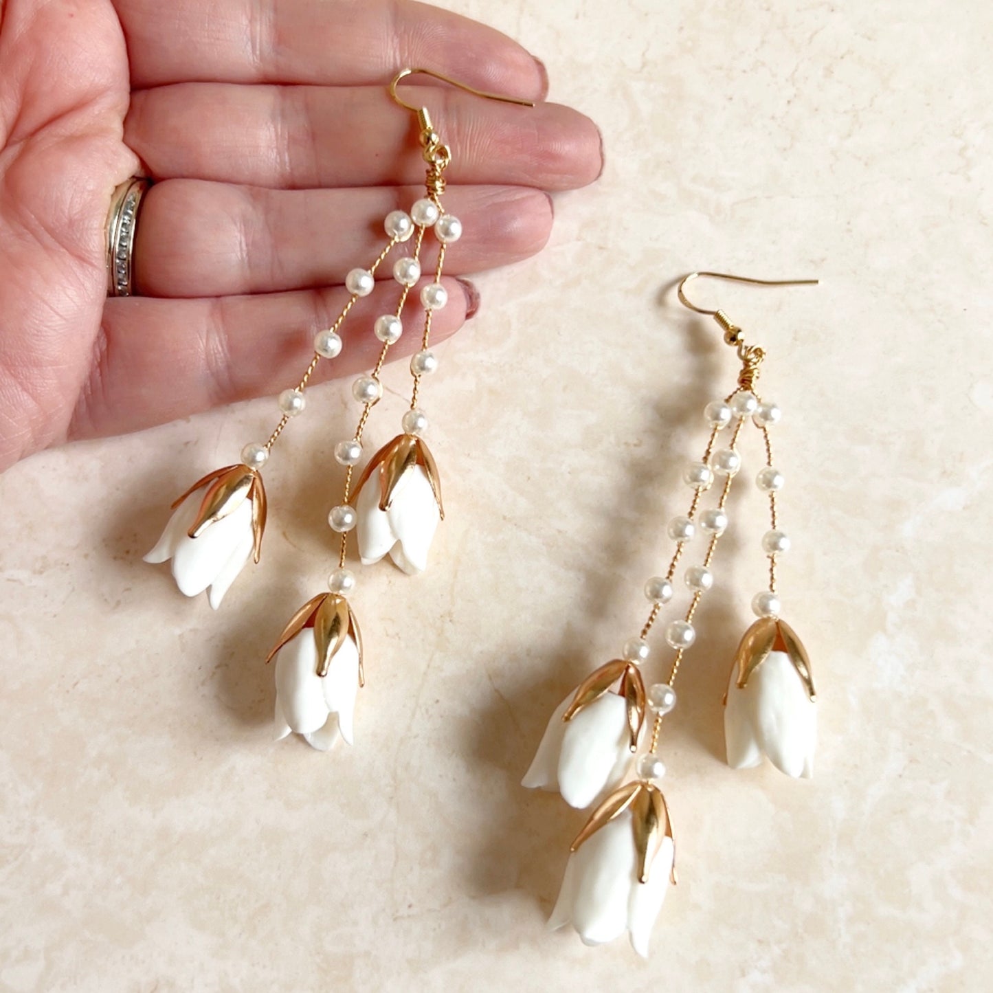 Long White flower bridal earrings