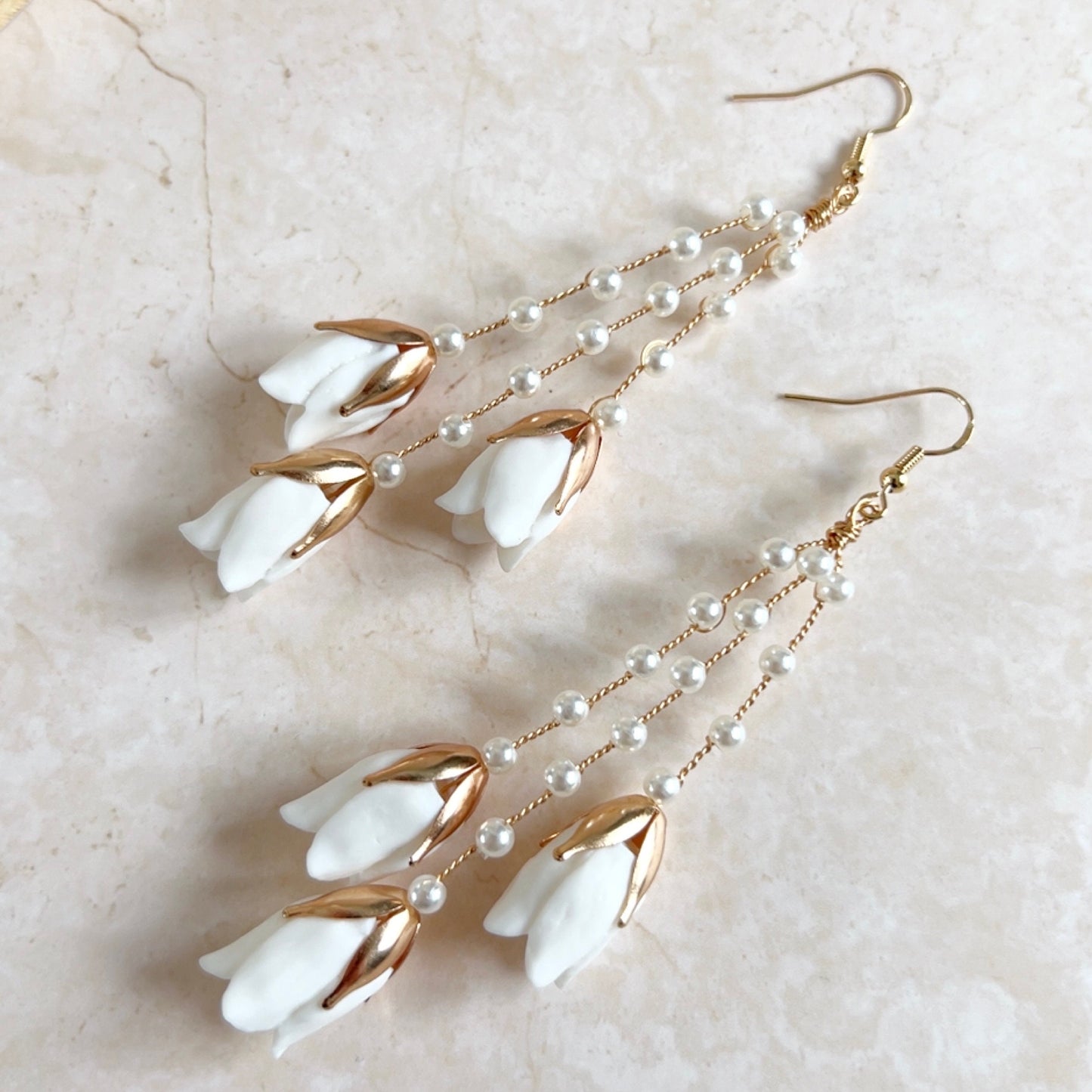 Long White flower bridal earrings