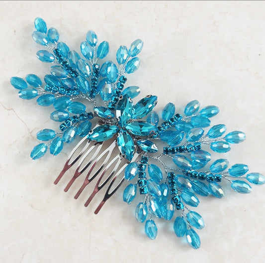 Vibrant blue bow crystal hair comb