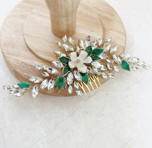 Crystal hair comb with green leaves and white flowers