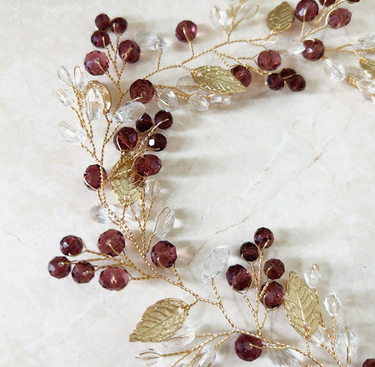 Mauve crystal and gold leaf bridal hair vine