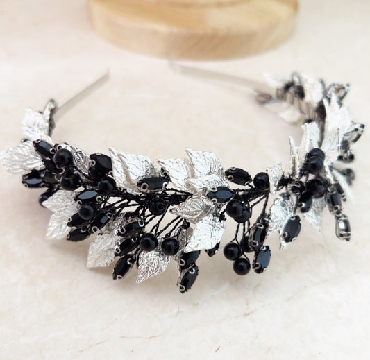 Silver leaf and black pearl bridal headband