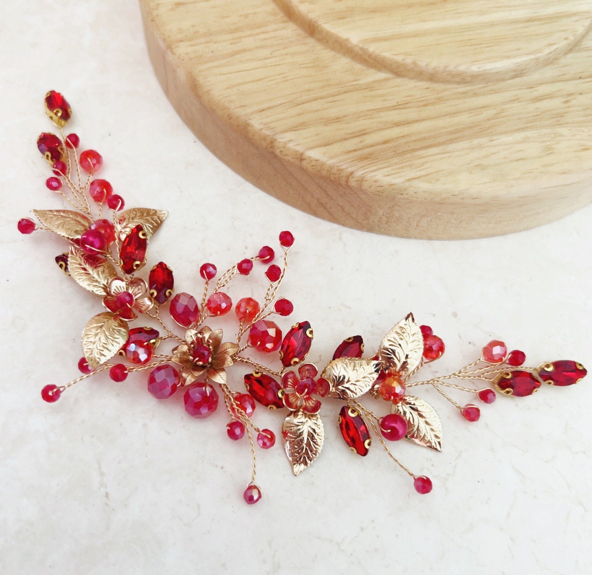 Red crystal and gold flower hair comb