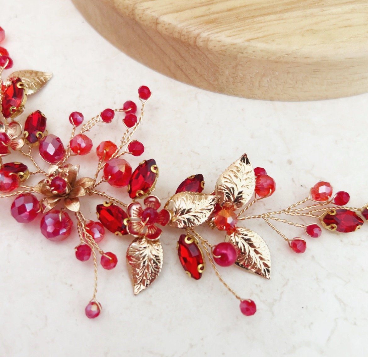 Red crystal and gold flower hair comb