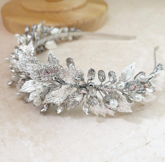 Silver leaf bohemian bridal headband