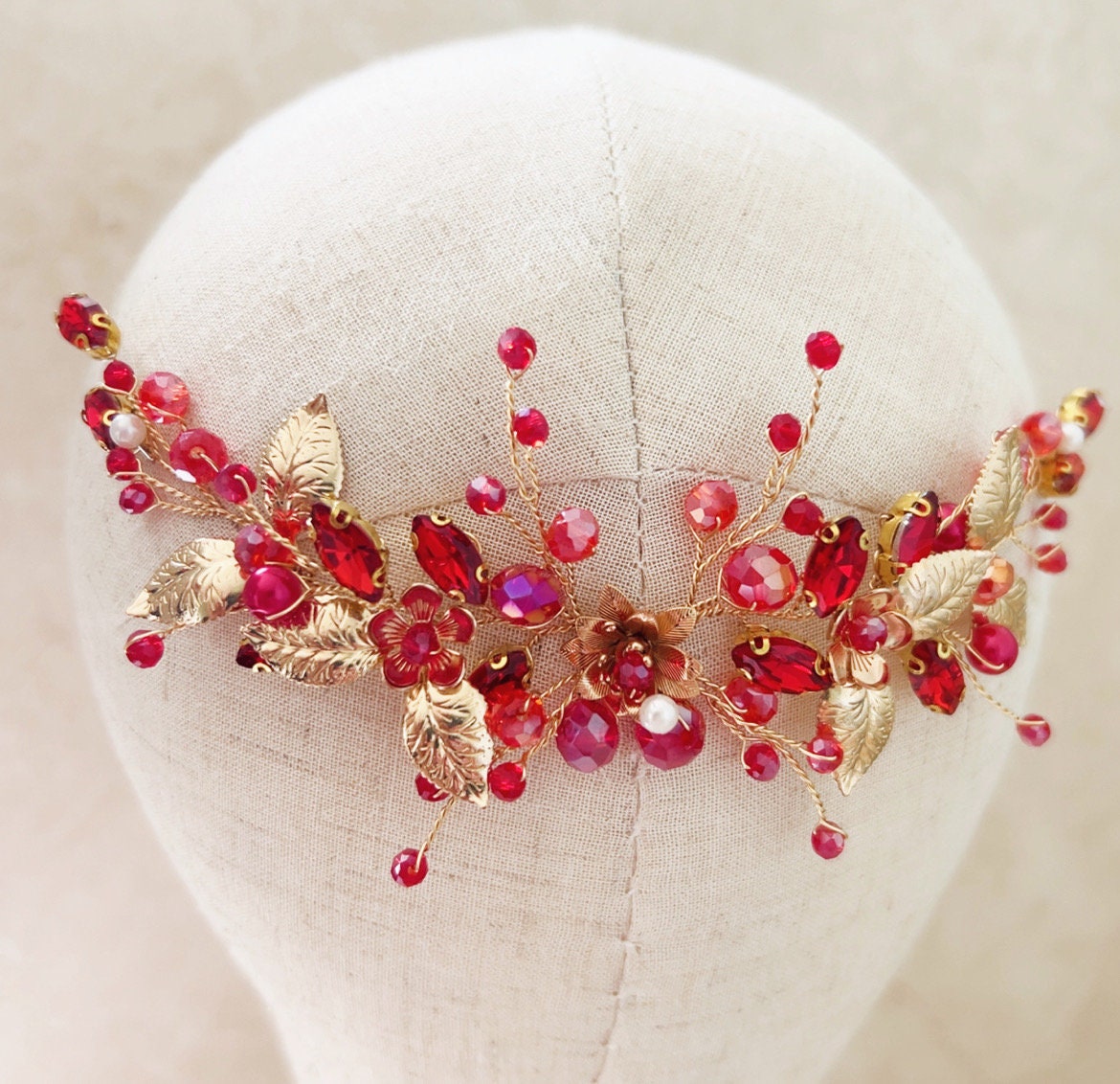 Red crystal and gold flower hair comb