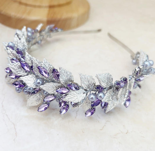 Silver leaf and lilac crystal headband