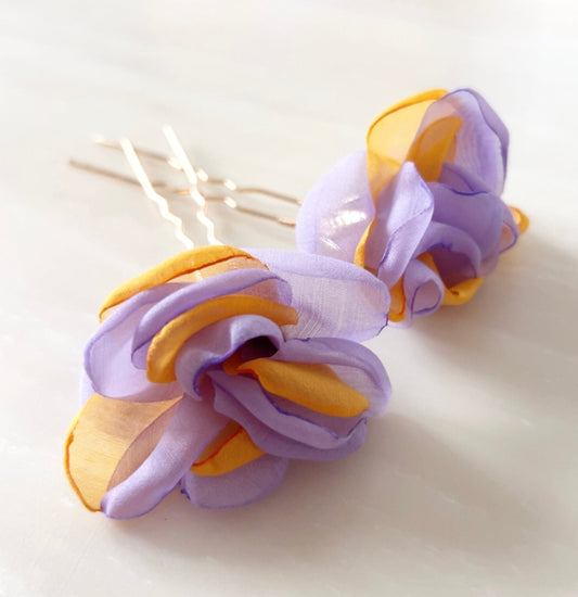 Large purple and yellow flower hair pins - Petal & Pearl