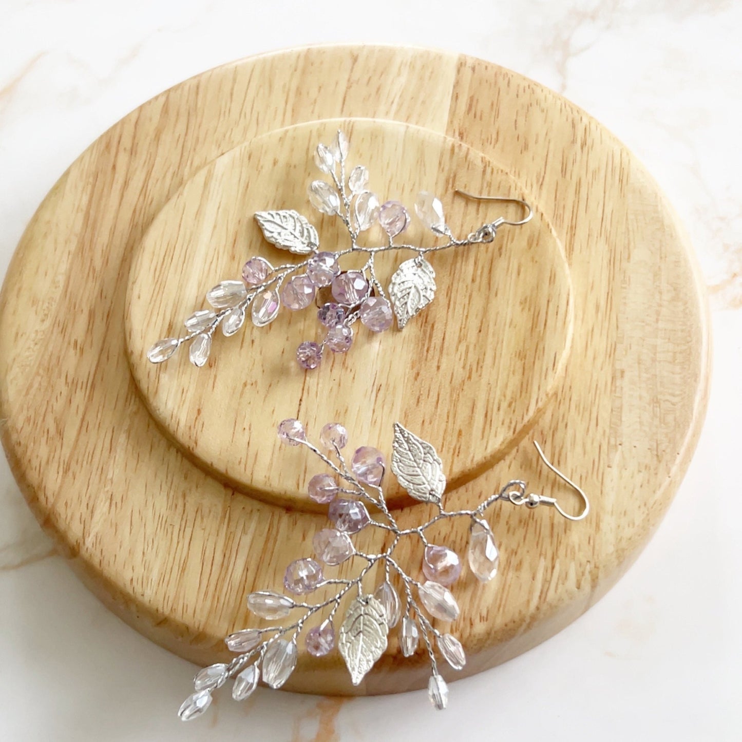 Lilac crystal and silver leaf earrings - Petal & Pearl