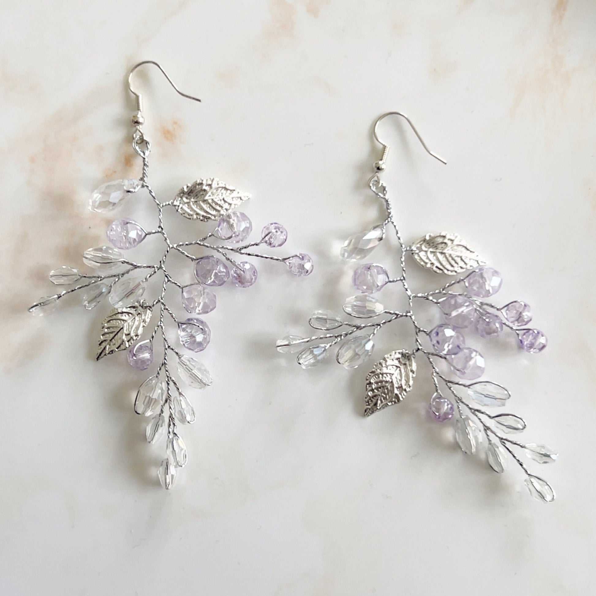 Lilac crystal and silver leaf earrings - Petal & Pearl