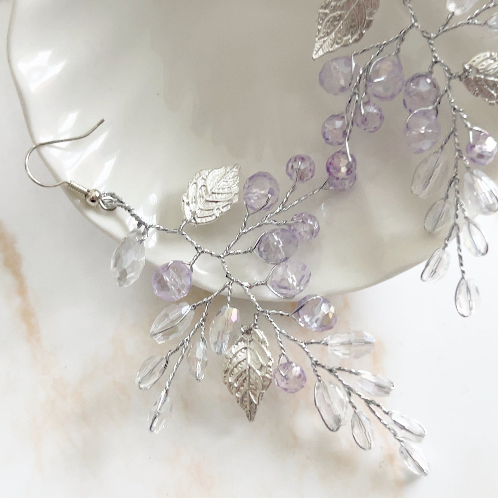 Lilac crystal and silver leaf earrings - Petal & Pearl