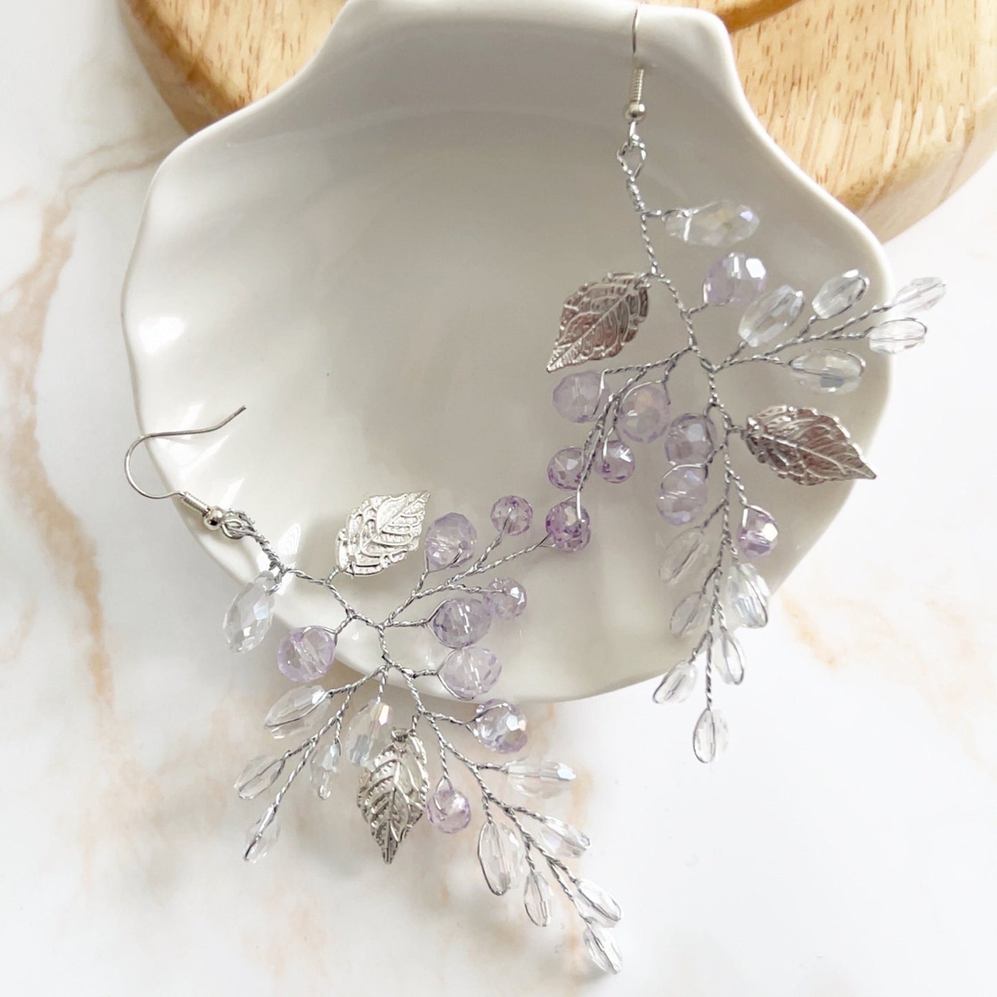 Lilac crystal and silver leaf earrings - Petal & Pearl