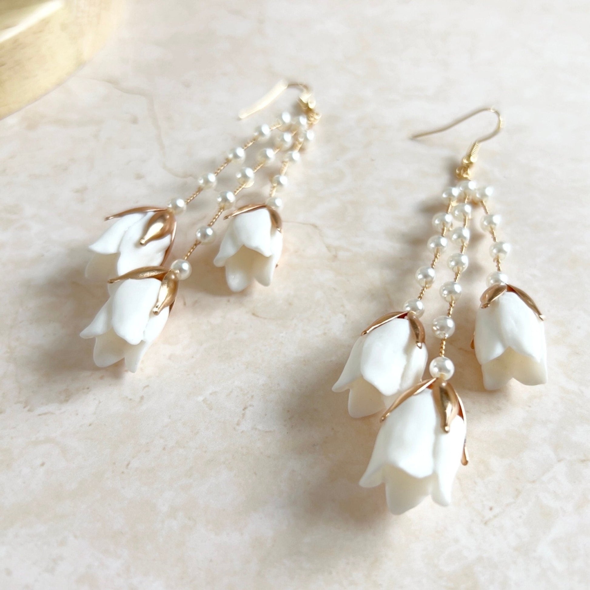 Long White flower bridal earrings - Petal & Pearl