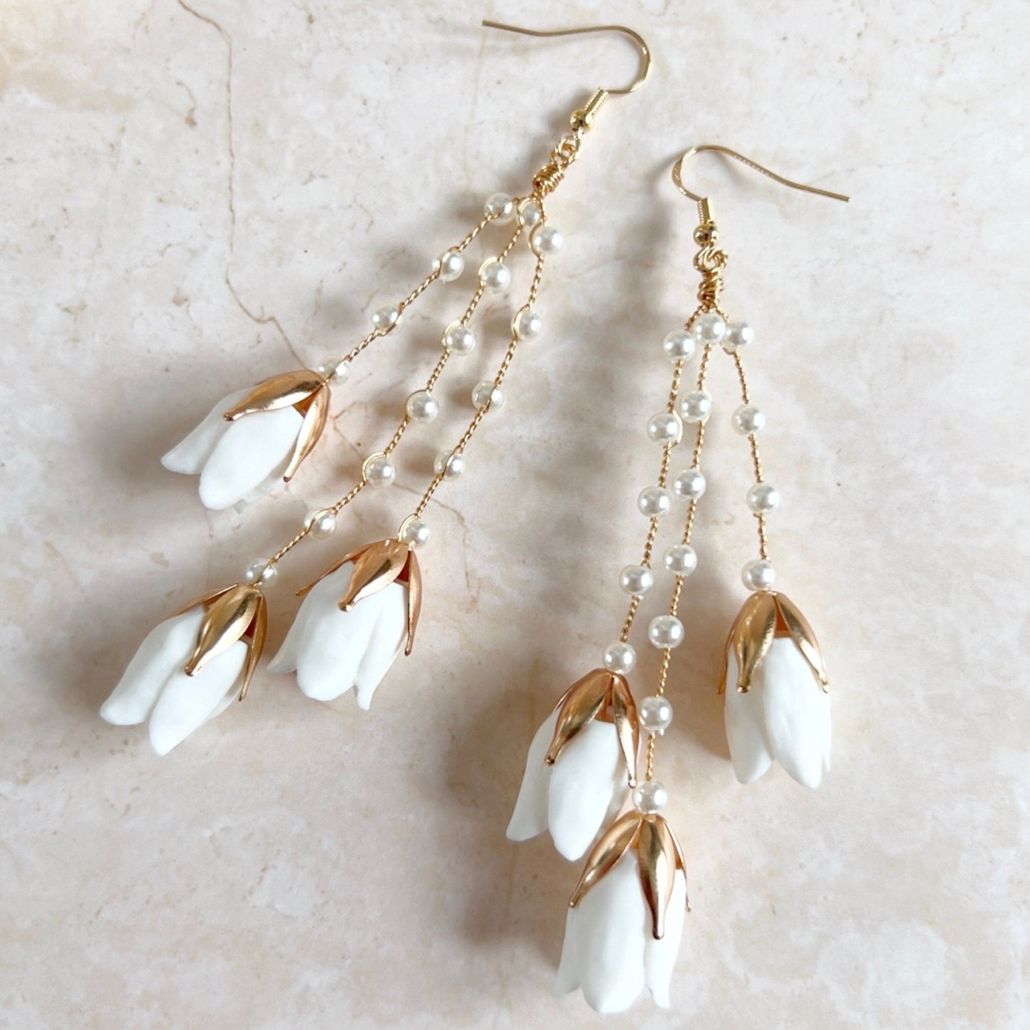 Long White flower bridal earrings - Petal & Pearl